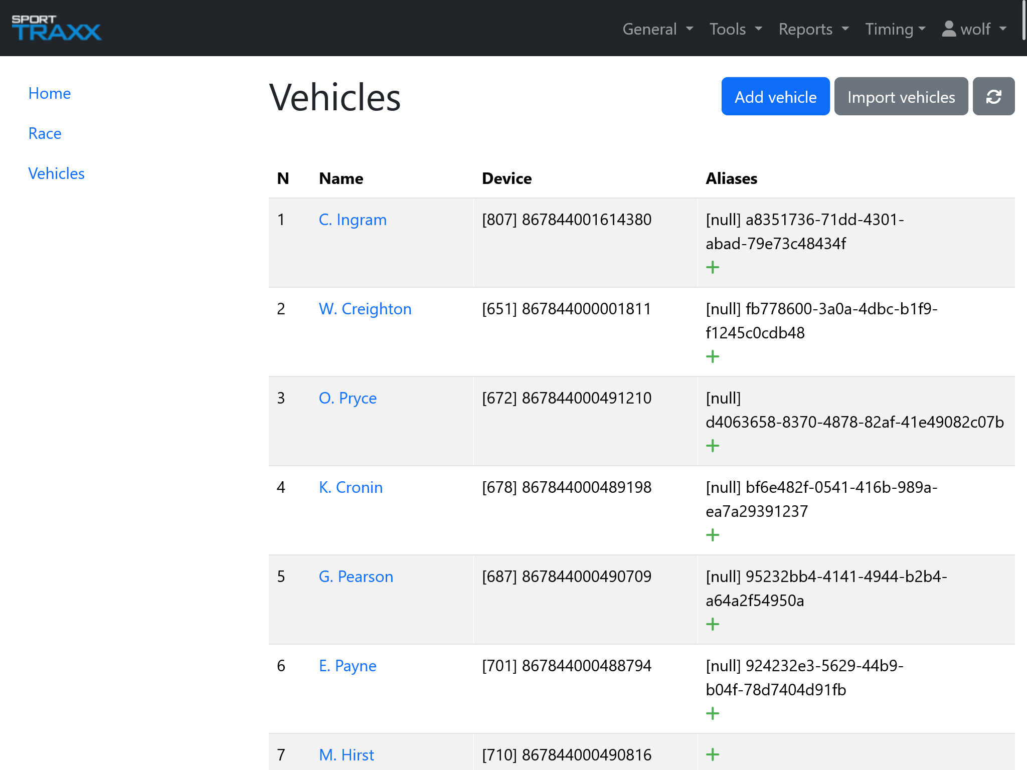 Vehicles page